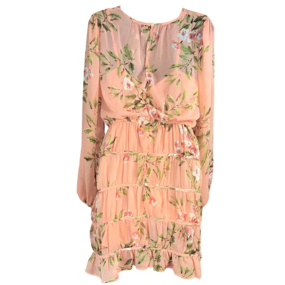 Lost + Wander Sunset Fleurs Mini Dress coral floral tiered ruffles medium - Picture 3 of 13